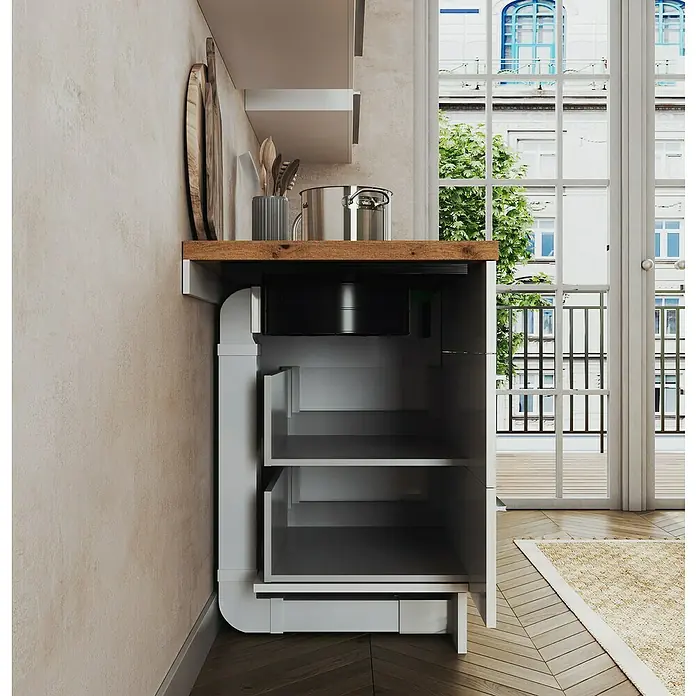 Respekta Abluftschacht - L x B x H: 60 x 22,5 x 85 cm, Weiß/Silber - Dieser Küchenschrank mit Regalen bietet viel Stauraum für Küchenutensilien. Die Holzplatte und die graue Farbe passen gut zusammen.