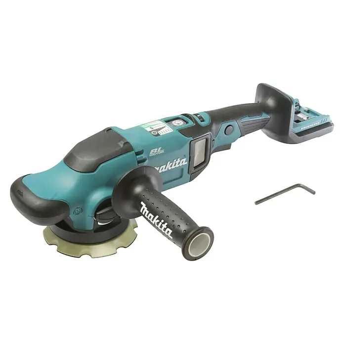 Makita LXT 18V Akku-Exzenterpolierer DPO500Z - 18 V, Ohne Akku - Bild einer Makita Akku-Poliermaschine mit seitlichem Griff und Zubehör, ideal für professionelle Polierarbeiten.