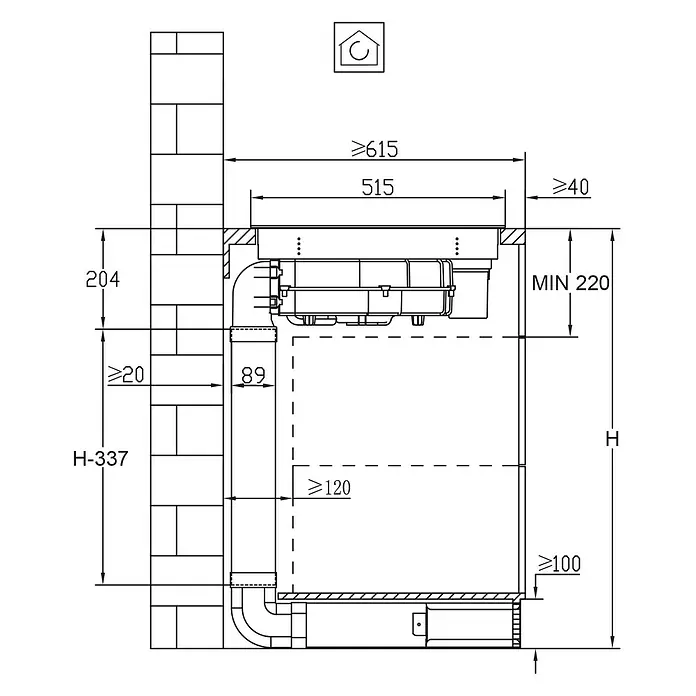 Respekta Abluftschacht - L x B x H: 60 x 22,5 x 85 cm, Weiß/Silber - Technische Zeichnung eines Heizsystems mit Maßen, die Installationsdetails und räumliche Anforderungen hervorheben.