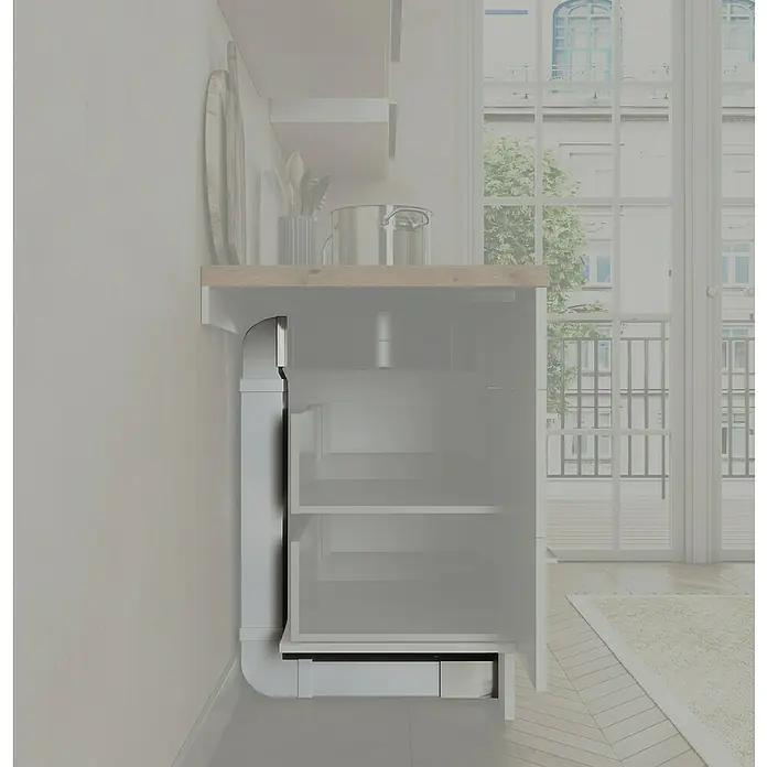 Respekta Abluftschacht - L x B x H: 60 x 22,5 x 85 cm, Weiß/Silber - Ein modernes Küchenbuffet mit Regalen und einer schlanken, silbernen Dunstabzugshaube für eine stilvolle und funktionale Kücheneinrichtung.