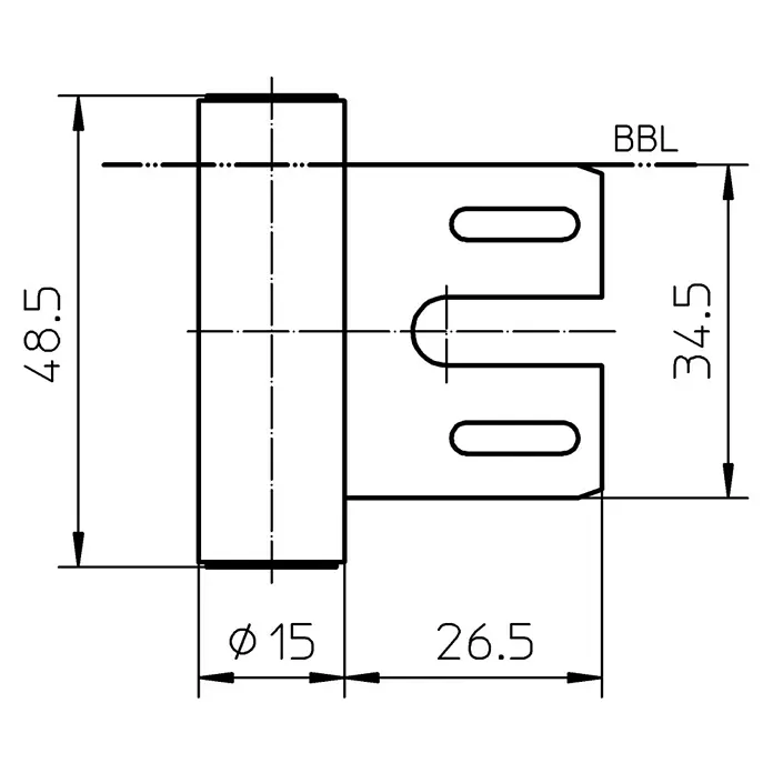 Simonswerk Rahmenteil V8000 WF - Länge: 48,5 mm, Durchmesser Rolle: 15 mm - Eine detaillierte technische Zeichnung eines metallischen Gerätegehäuses mit präzisen Maßangaben für Design und Konstruktion.