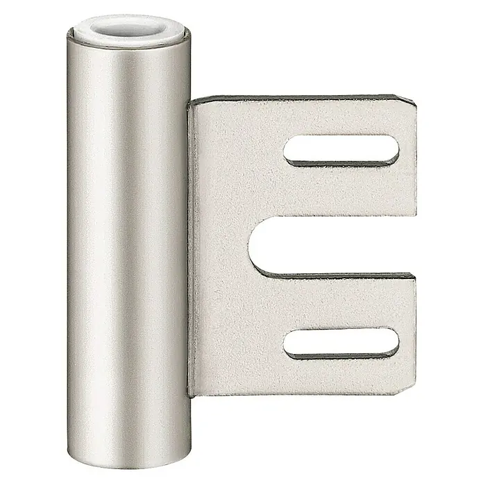 Simonswerk Rahmenteil V8000 WF - Länge: 48,5 mm, Durchmesser Rolle: 15 mm - Nahaufnahme eines silbernen Lautsprecheradapters mit drei horizontalen Schlitzen und einem zylindrischen Adapter.