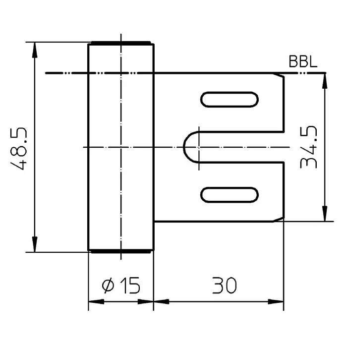 Simonswerk Rahmenteil V8000/30 WF - Länge: 48,5 mm, Durchmesser Rolle: 15 mm - Technische Zeichnung eines Befestigungselements mit Abmessungen. Präzise Details für Konstruktion und Fertigung, inklusive Durchmesser und Höhenangaben.
