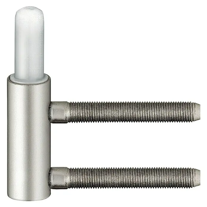 Simonswerk Rahmenteil V3400 WF - Länge: 40 mm, Durchmesser Rolle: 15 mm - Nahaufnahme eines Türbandes mit einem weißen Kunststoffstift und zwei Gewindezapfen, ideal für robuste und präzise Türbefestigungen.