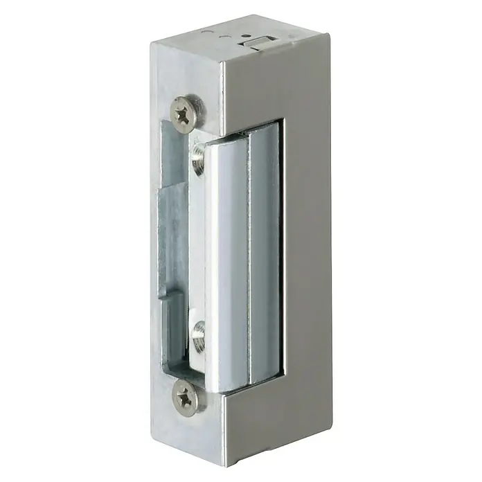Assa Abloy Elektrischer Türöffner 17ED11 - Spannung: 6 V - 12 V, Entriegeln - Nahaufnahme einer Türsprechanlage aus Chrom. Das Produkt ist von hoher Qualität und sorgt für mehr Sicherheit in Ihrem Zuhause.