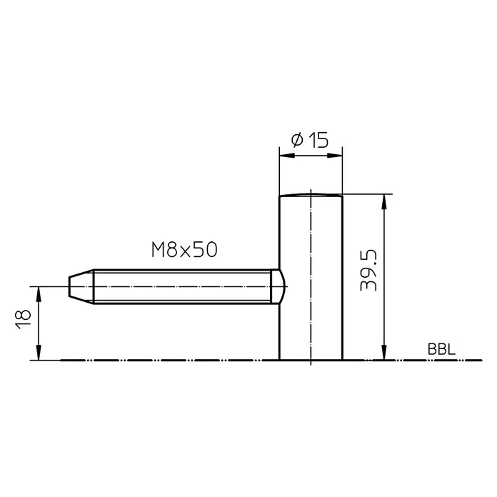 Simonswerk Rahmenteil VARI.V0020 - Länge: 39,5 mm, Durchmesser Rolle: 15 mm - Technische Zeichnung einer Bolzenverbindung mit den Maßen M8x50 und einem Durchmesser von 15 mm, Höhe 39,5 mm.