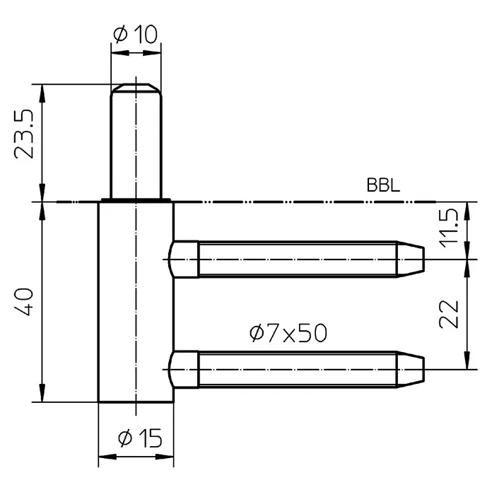 Simonswerk Rahmenteil V3400 WF - Länge: 40 mm, Durchmesser Rolle: 15 mm - Technische Zeichnung eines Türbandes mit Maßen.