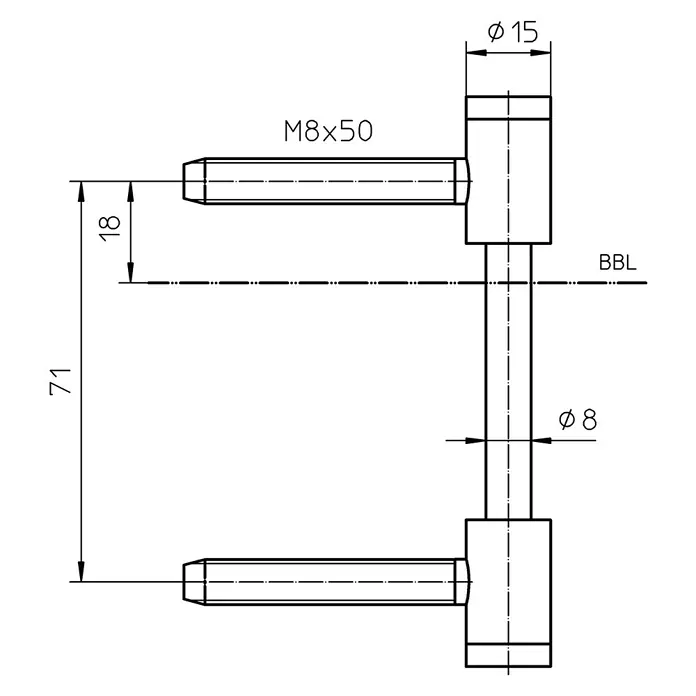 Simonswerk Rahmenteil V0026 WF - Länge: 101 mm, Durchmesser Rolle: 15 mm - Technisches Diagramm eines Verbindungsstücks mit Maßangaben, inklusive Durchmesser und Längen für eine detaillierte Produktansicht.