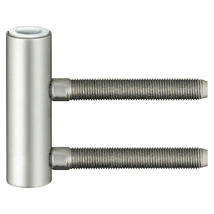 Simonswerk Rahmenteil V4400 WF - Länge: 48,5 mm, Durchmesser Rolle: 15 mm - Eine Nahaufnahme eines silberfarbenen Türscharniers mit zwei Bolzen, die für Stabilität und Haltbarkeit sorgen. Ideal für moderne Innenausstattungen.