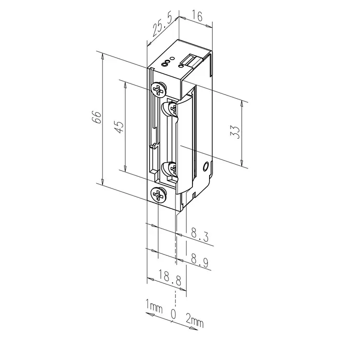 Assa Abloy Elektrischer Türöffner 118EA71 - Spannung: 10 V - 24 V, Entriegeln - Abbildung eines Türöffners mit den Maßen 66x25.5x16 mm, mit Details wie 45 und 33 mm, sowie Schrauben und Abstand von 8.3, 8.9 und 18.8 mm.