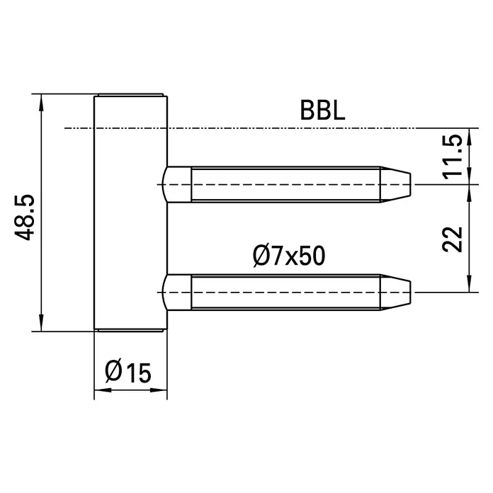 Simonswerk Rahmenteil V4400 WF - Länge: 48,5 mm, Durchmesser Rolle: 15 mm - Technische Zeichnung eines BBL-Bolzens mit Maßen und Durchmesserangaben für die Fertigung oder Konstruktion.