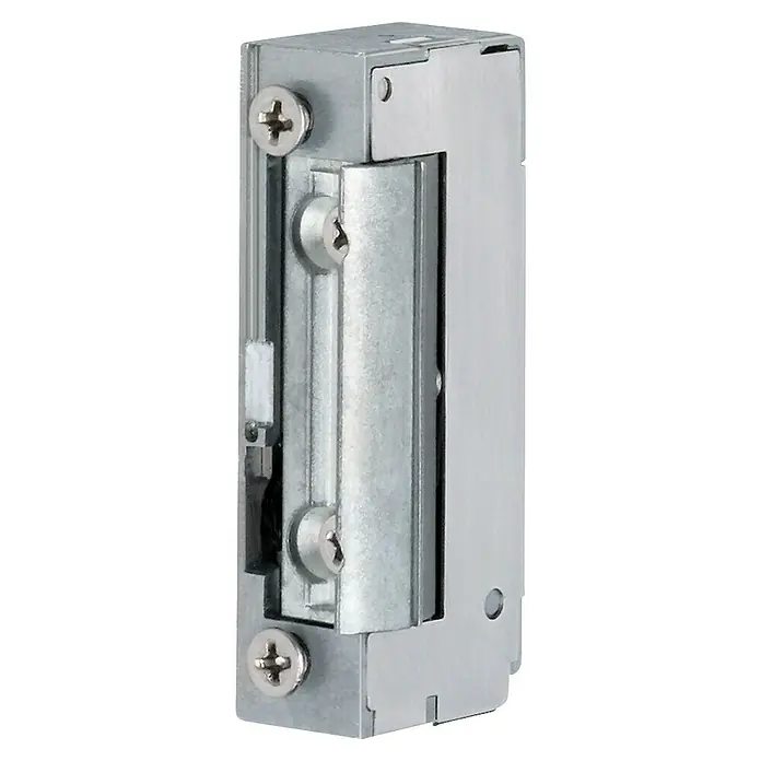Assa Abloy Elektrischer Türöffner 118EA71 - Spannung: 10 V - 24 V, Entriegeln - Nahaufnahme eines silbernen Türöffners mit Schrauben, der die mechanische Funktionalität und das robuste Design hervorhebt.