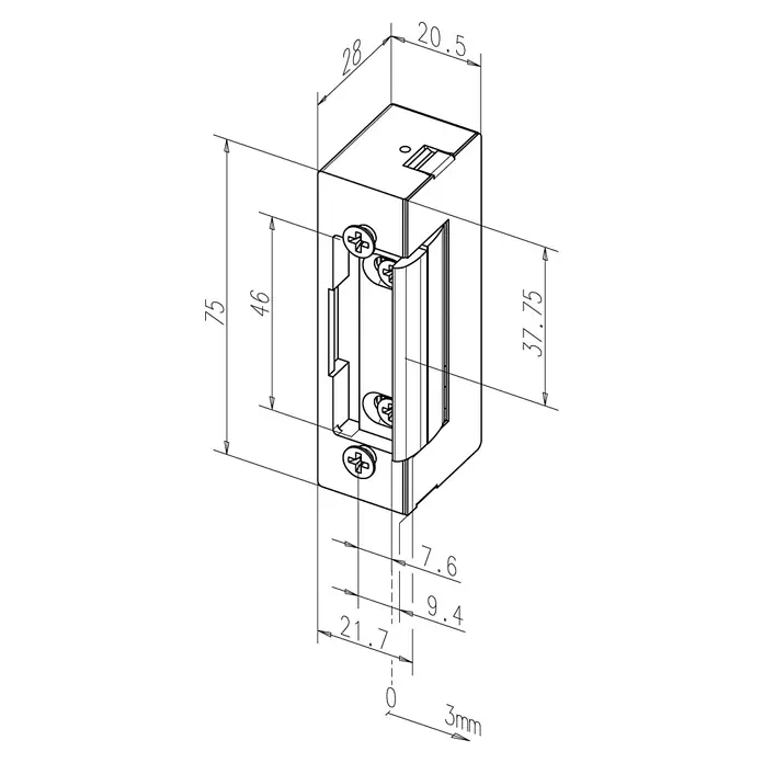 Assa Abloy Elektrischer Türöffner 17ED11 - Spannung: 6 V - 12 V, Entriegeln - Bild einer Türöffner-Skizze mit verschiedenen Maßangaben, die die Abmessungen des Geräts veranschaulichen, um detaillierte Informationen zu liefern.