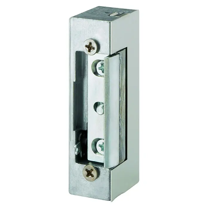 Assa Abloy Elektrischer Türöffner 27 ED11 - Spannung: 6 V - 12 V, Entriegeln - Nahaufnahme eines Türöffners aus Metall mit Schrauben. Detailaufnahme des Produkts für Türen.