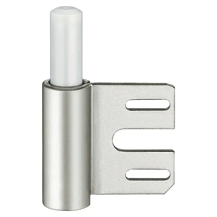 Simonswerk Rahmenteil V8100 WF - Länge: 61,5 mm, Durchmesser Rolle: 15 mm - Nahaufnahme eines Türbands aus Metall mit einem weißen Kunststoffstift, das sich durch eine robuste Bauweise und einfache Montage auszeichnet.