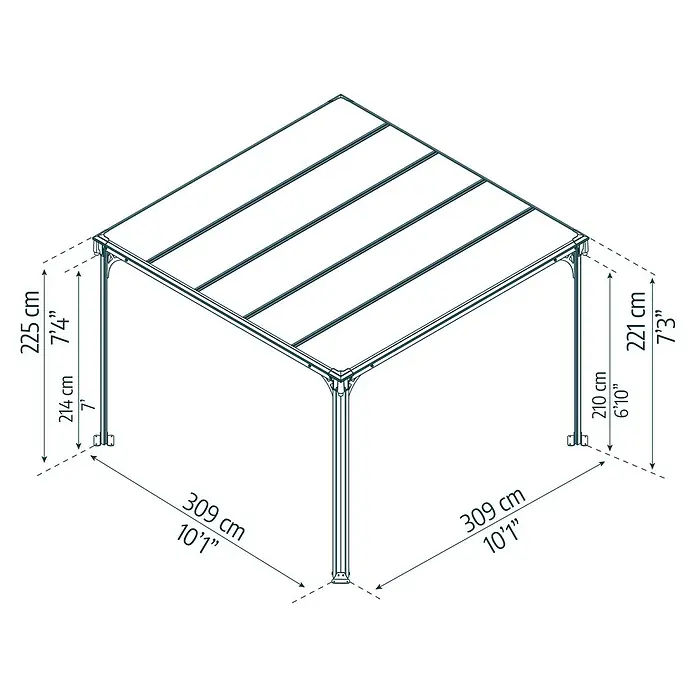 Palram – Canopia Pérgola estándar Milano - An x Pr: 308 x 308 cm, Color del armazón: Antracita, Aluminio - Dimensiones del pabellón: lado 309 cm, altura de los postes 210 cm o 214 cm, altura total 221 cm o 225 cm.