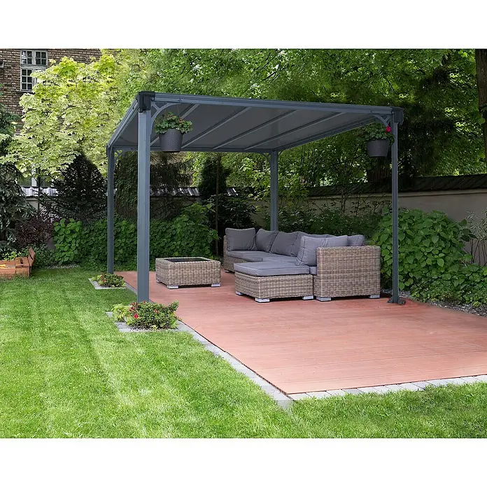 Palram – Canopia Pérgola estándar Milano - An x Pr: 308 x 308 cm, Color del armazón: Antracita, Aluminio - Diseño de jardín con un elegante pabellón que ofrece una cómoda zona de descanso, que incluye sofás de ratán y una mesa de centro. Ideal para relajarse al aire libre.