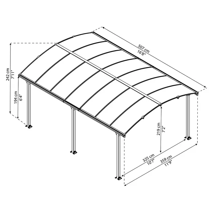 Palram – Canopia Carport Arcadia 5000 - Außenmaß inkl. Dachüberstand (B x T): 3,59 x 3,59 m, Doppelcarport, Grau - Abbildung einer Carport-Konstruktion mit Maßangaben zu Länge, Breite und Höhe in Zentimetern und Fuß.