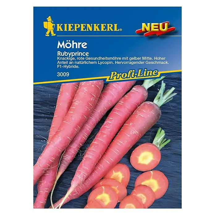 Kiepenkerl Profi-Line Gemüsesamen Möhre - Rubyprince, Daucus carota, Erntezeit: September - Samentüte "Möhre Rubyprince" von Kiepenkerl mit knackigen, roten Gesundheitsmöhren und gelber Mitte, ideal für den eigenen Anbau.