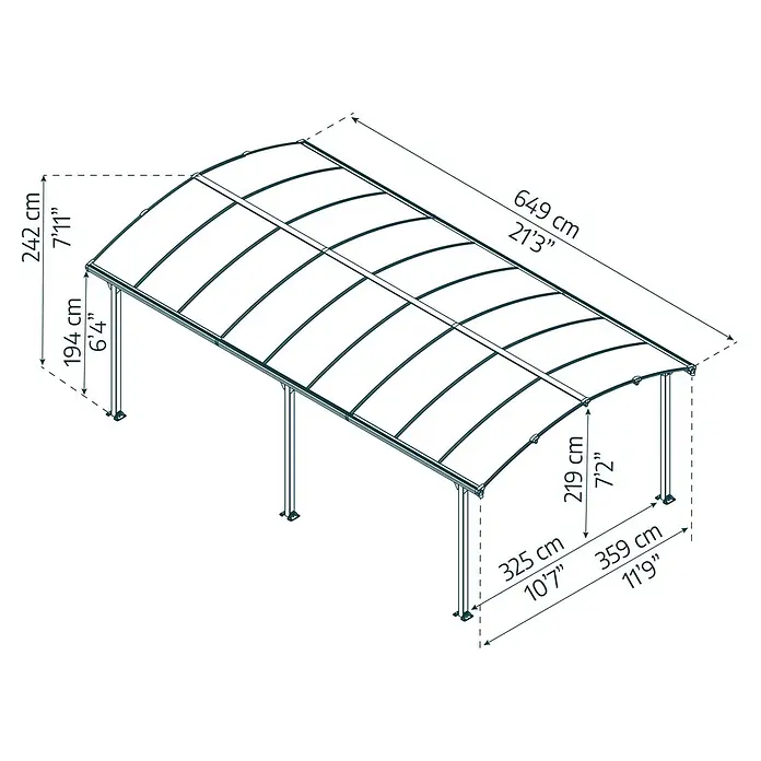 Palram – Canopia Carport Arcadia 6400 - Außenmaß inkl. Dachüberstand (B x T): 3,59 x 6,49 m, Doppelcarport, Grau - Abbildung eines Carports mit Maßangaben zu Höhe, Breite und Tiefe in Zentimetern und Fuß.