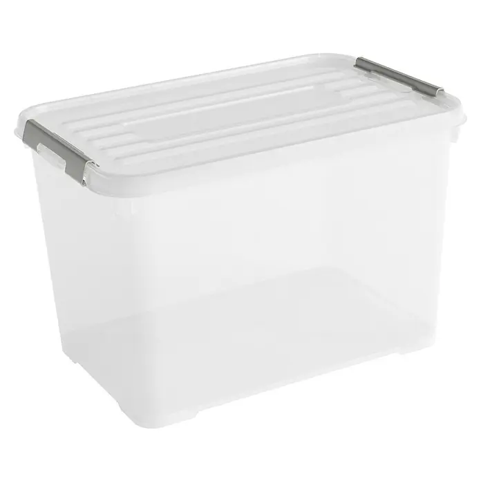 Curver Caja de almacenaje Handy - L x An x Al: 60 x 40 x 38,8 cm, Capacidad volumétrica: 65 l, Plástico, Con tapa, Ruedas - Una caja de almacenamiento de plástico transparente con tapa blanca y cierres grises, ideal para organizar y guardar diversos objetos.