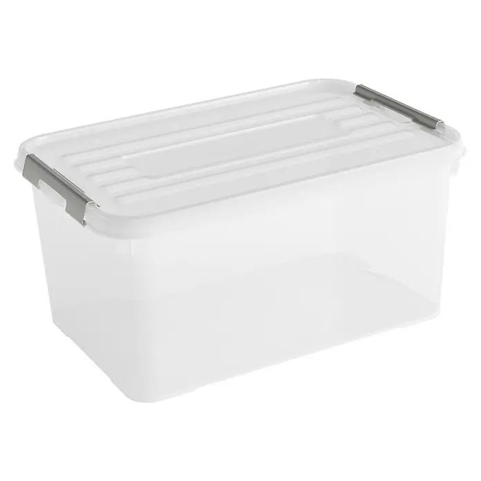 Curver Caja de almacenaje Handy - L x An x Al: 60 x 40 x 29 cm, Capacidad volumétrica: 50 l, Plástico, Con tapa - Caja de plástico clara con tapa y cierres grises, ideal para guardar diversos artículos en el hogar o la oficina.
