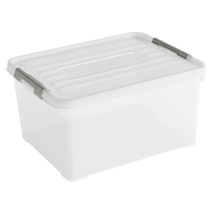 Curver Caja de almacenaje Handy - L x An x Al: 49 x 39 x 25 cm, Capacidad volumétrica: 35 l, Plástico, Con tapa - Imagen de una caja de almacenamiento transparente con tapa blanca y cierres grises. Ideal para guardar diversos artículos del hogar y organizar.