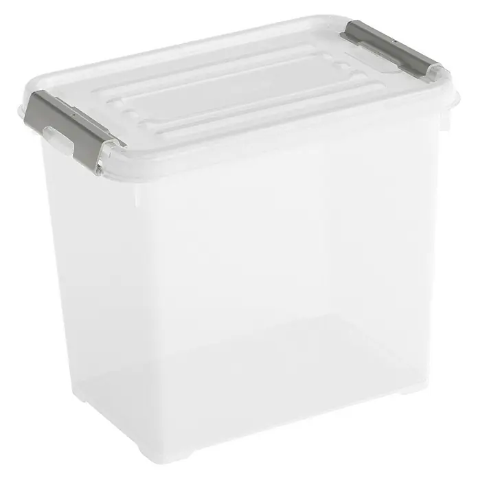 Curver Caja de almacenaje Handy - L x An x Al: 29 x 19,4 x 25,4 cm, Capacidad volumétrica: 9 l, Plástico, Con tapa - Un contenedor de almacenamiento transparente con tapa gris y cierres, perfecto para organizar y guardar objetos.
