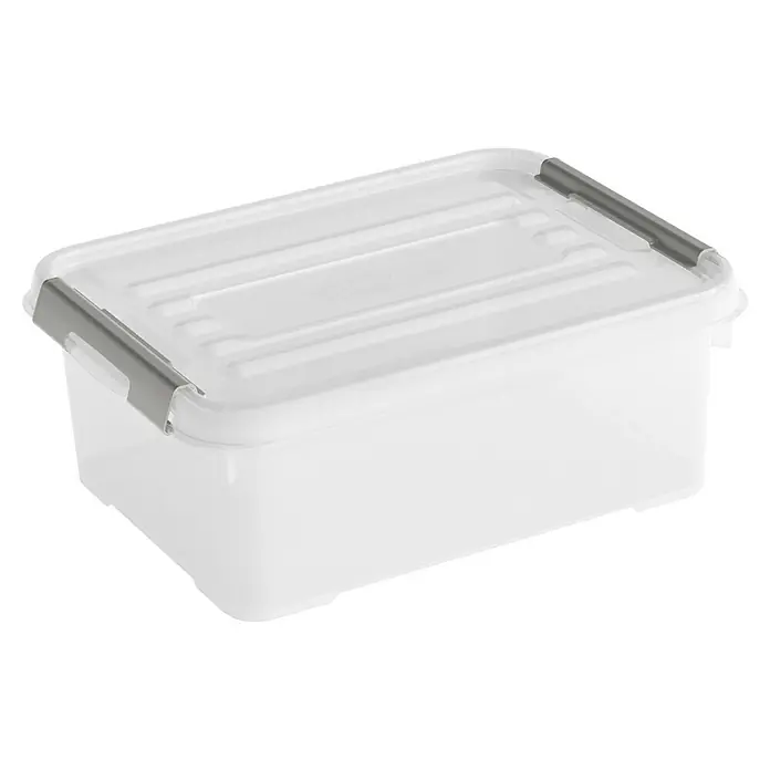 Curver Caja de almacenaje Handy - L x An x Al: 40 x 29 x 15 cm, Capacidad volumétrica: 12 l, Plástico, Con tapa - Una caja de almacenamiento transparente con tapa de cierre gris, ideal para organizar objetos del hogar.