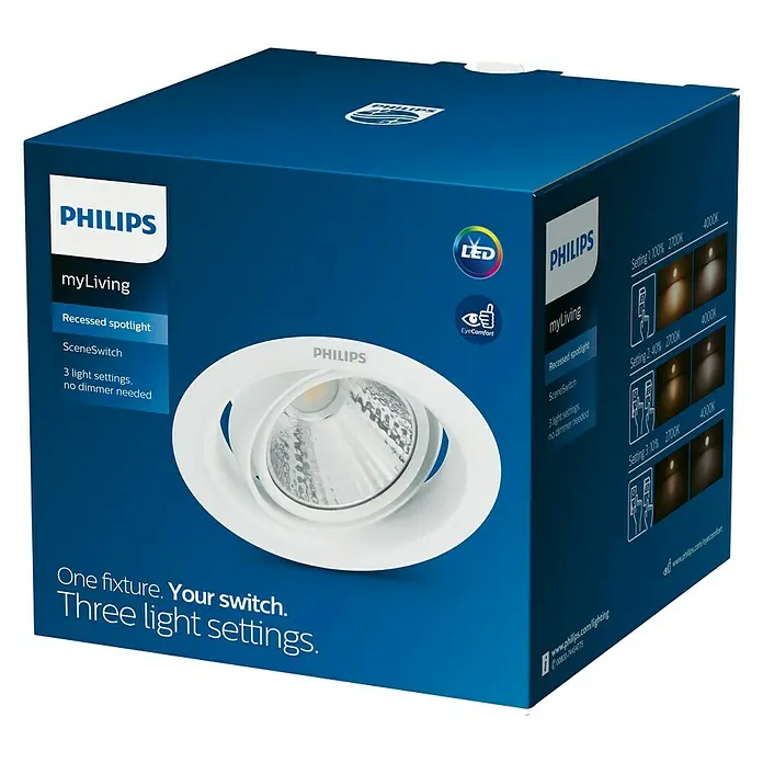 Philips Downlight empotrable LED redondo Pomeron - 7 W, Ø x Al: 9 x 7,05 cm, Blanco, Blanco neutro - Embalaje de un foco empotrable LED Philips MyLiving con tres ajustes de luz, sin necesidad de atenuador.