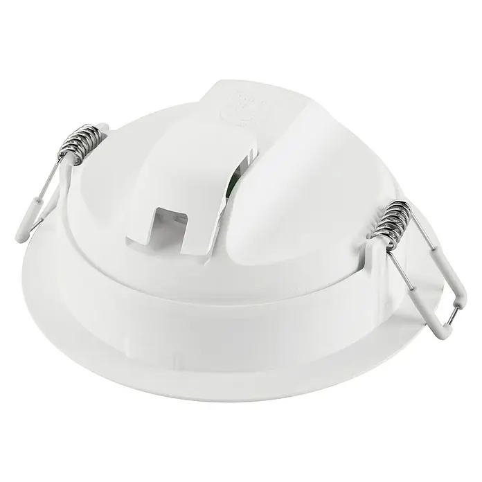 Philips Downlight empotrable LED redondo Meson - 17 W, Ø x Al: 16,5 x 4,7 cm, Blanco, Blanco neutro - Primer plano de un downlight LED redondo y blanco con clips metálicos en espiral para fijarlo al techo.