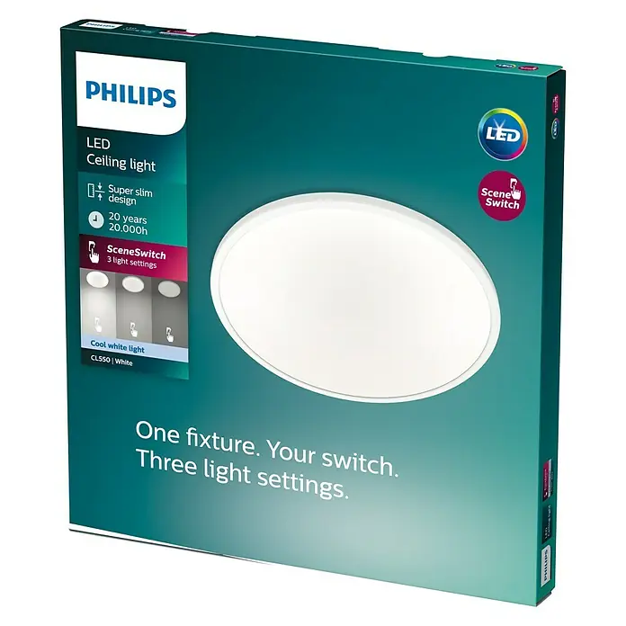 Philips Plafón LED redondo SceneSwitch - 18 W, Ø x Al: 300 mm x 2,3 cm, Blanco, Blanco neutro - Embalaje de la lámpara de techo LED Philips CL550 con tres configuraciones de luz y la inscripción "One fixture. Your switch. Three light settings."