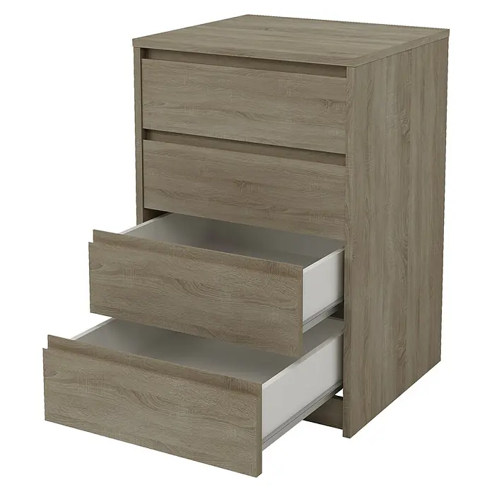 Meka Block Cajonera K66 - L x An x Al: 45 x 50,2 x 73,4 cm, Número de cajones: 4 ud., Roble corteza - Cómoda con cuatro cajones, dos de ellos abiertos, en diseño de madera clara con interior blanco. Solución de almacenamiento práctica.