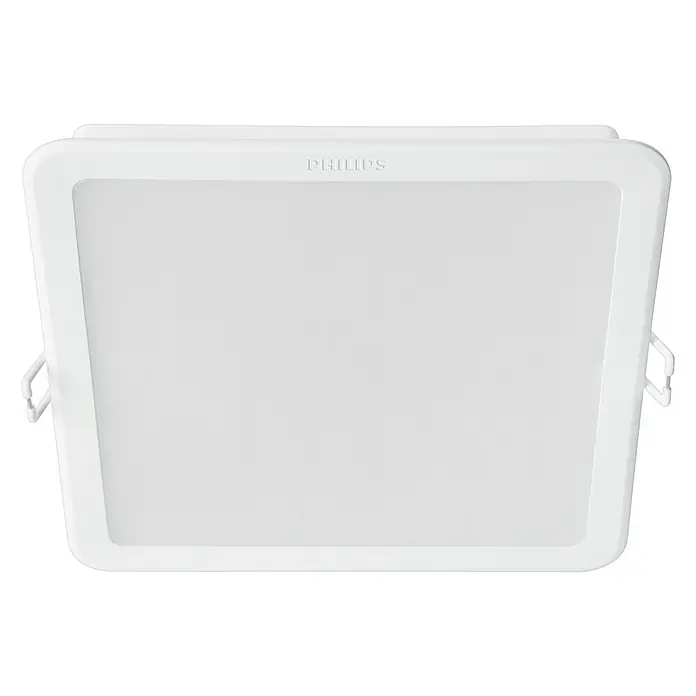 Philips Downlight LED empotrable Meson - 13 W, L x An x Al: 14 x 14 x 4,7 cm, Blanco, Blanco neutro - Primer plano de una lámpara de techo cuadrada Philips con bordes redondeados, que proporciona una iluminación suave y uniforme.