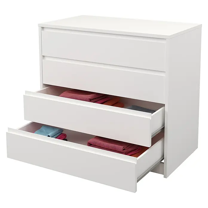 Meka Block Cajonera K66 - L x An x Al: 45 x 80,2 x 73,4 cm, Número de cajones: 4 ud., Blanco liso - Una cómoda blanca con cuatro cajones, los dos cajones inferiores están abiertos mostrando textiles doblados.