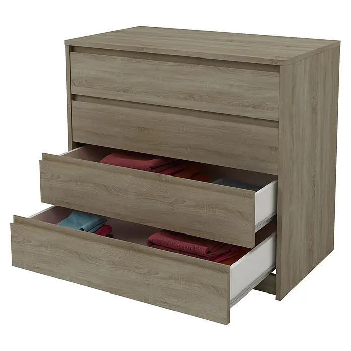Meka Block Cajonera K66 - L x An x Al: 45 x 80 x 73,4 cm, Número de cajones: 4 ud., Roble corteza - Cómoda con tres cajones, con dos cajones parcialmente abiertos que revelan ropa.