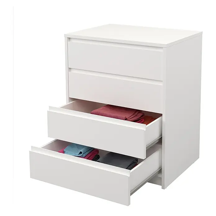 Meka Block Cajonera K66 - L x An x Al: 45 x 60,2 x 73,4 cm, Número de cajones: 4 ud., Blanco liso - Cómoda blanca con cajones abiertos llenos de textiles coloridos. Diseño moderno para dormitorio o sala de estar.