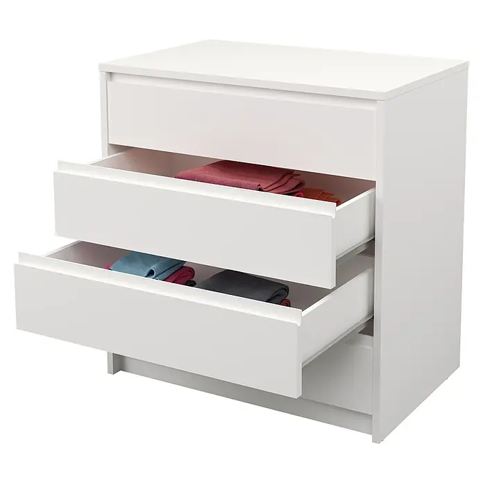 Meka Block Cajonera K66 - L x An x Al: 45 x 70,2 x 73,4 cm, Número de cajones: 4 ud., Blanco liso - Imagen de una cómoda blanca con tres cajones, dos de los cuales llenos de ropa.