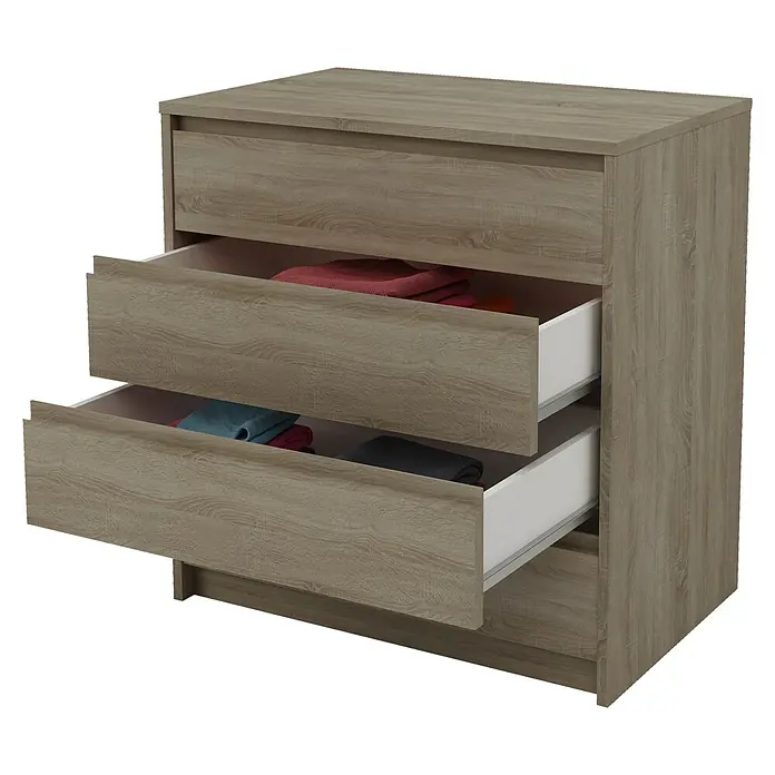 Meka Block Cajonera K66 - L x An x Al: 45 x 70,2 x 73,4 cm, Número de cajones: 4 ud., Roble corteza - En la imagen, una cómoda con aspecto de madera y cajones abiertos mostrando ropa. Ideal para organizar dormitorios o salas de estar.