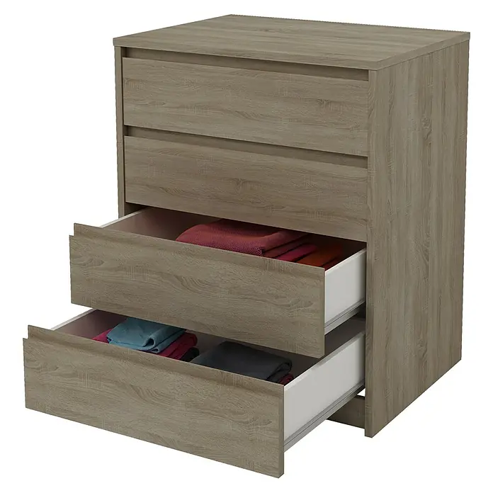 Meka Block Cajonera K66 - L x An x Al: 45 x 60,2 x 73,4 cm, Número de cajones: 4 ud., Roble corteza - Una cómoda de madera moderna con cajones abiertos, llenos de ropa doblada ordenadamente, ideal para el almacenamiento en el dormitorio.