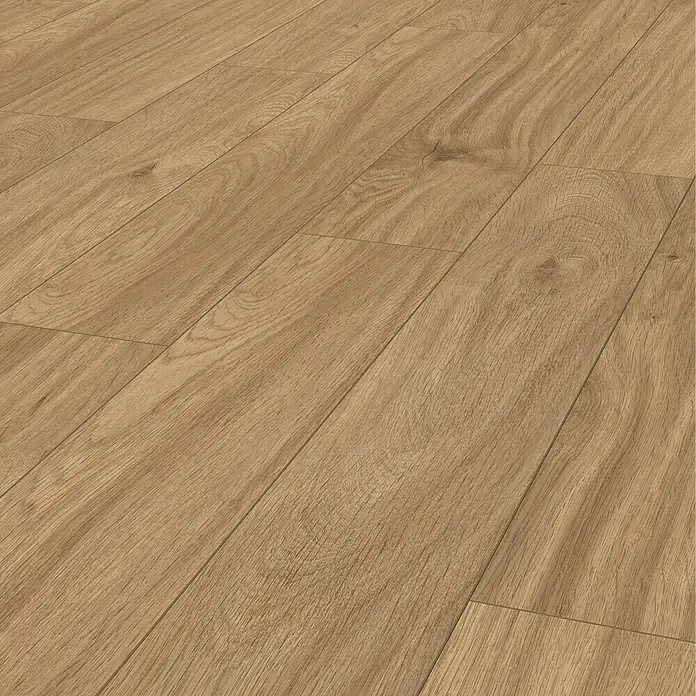 LOGOCLIC Laminatmuster Aquaprotect Soft Oak - 290 x 200 x 8 mm, Landhausdiele - Nahaufnahme eines hellbraunen Laminatbodens, der eine natürliche Holzoptik mit Maserung und Fugen aufweist.