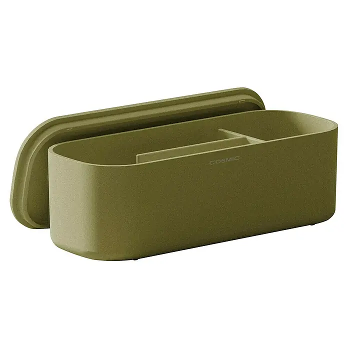 Cosmic Jabonera Alife - Verde - Un recipiente cosmético color arena con compartimentos y tapa extraíble, perfecto para organizar los elementos esenciales del baño.