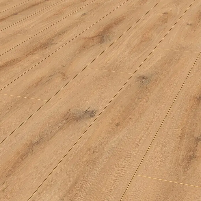 LOGOCLIC Laminatmuster Aquaprotect Sunset Oak - 290 x 200 x 8 mm, Landhausdiele - Nahaufnahme eines hellen Holzfußbodens mit natürlichen Maserungen und subtilen Farbunterschieden, ideal für moderne Innenräume.
