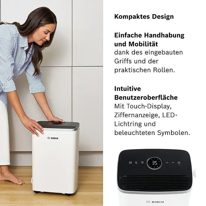 Bosch Luftentfeuchter Dry 4000 - Entfeuchtungsleistung: 16 l/Tag, Weiß - Frau neben Bosch Luftreiniger mit Touch-Display, Ziffernanzeige, LED-Lichtring und beleuchteten Symbolen.