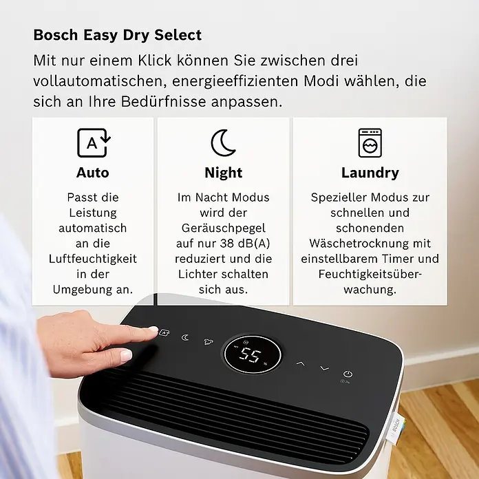 Bosch Luftentfeuchter Dry 4000 - Entfeuchtungsleistung: 16 l/Tag, Weiß - Das Bild zeigt den Bosch Easy Dry Select Luftentfeuchter mit einer Hand, die den Automatikmodus auswählt. Es werden drei Modi hervorgehoben.