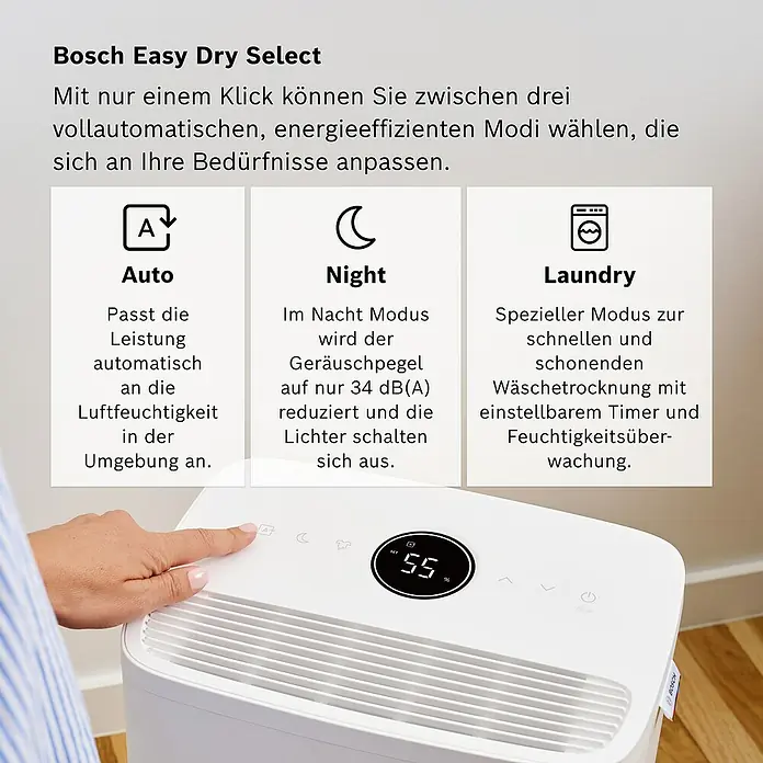 Bosch Luftentfeuchter Dry 1000 - Entfeuchtungsleistung: 10 l/Tag, Weiß - Bosch Easy Dry Select Luftentfeuchter mit verschiedenen Modi zur automatischen Anpassung an die Luftfeuchtigkeit oder zum Wäschetrocknen.