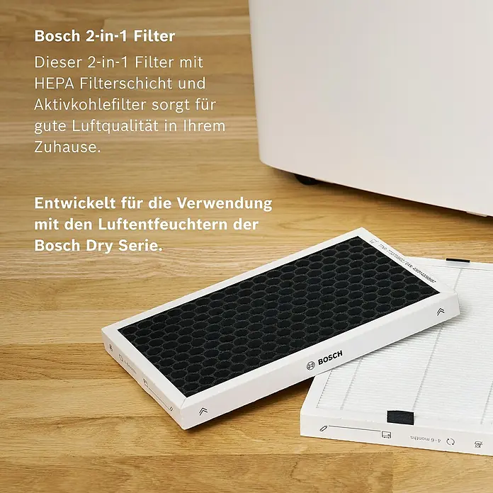 Bosch Filter für Luftentfeuchter Serie DRY - 2 Stk. - Bosch 2-in-1 Filter mit HEPA Filterschicht und Aktivkohlefilter für gute Luftqualität, passend für Bosch Dry Luftentfeuchter.