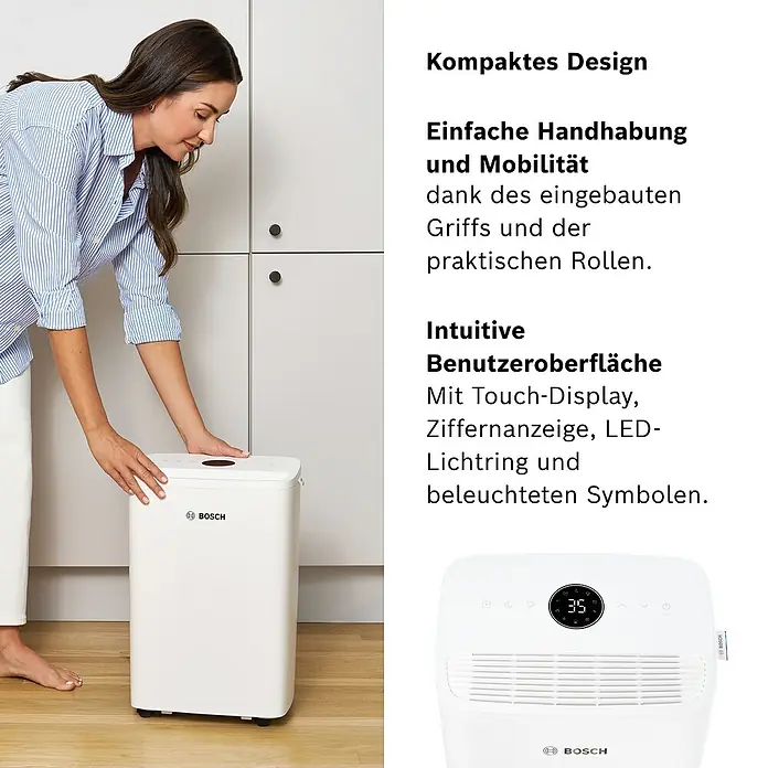 Bosch Luftentfeuchter Dry 1000 - Entfeuchtungsleistung: 10 l/Tag, Weiß - Frau mit einem tragbaren, weissen Luftentfeuchter von Bosch. Kompaktes Design, intuitive Bedienung und hohe Mobilität dank Rollen.