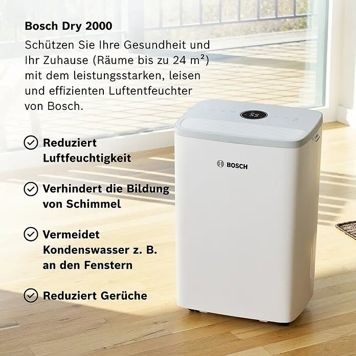 Bosch Luftentfeuchter Dry 2000 - Entfeuchtungsleistung: 12 l/Tag, Weiß - Bosch Dry 2000 Luftentfeuchter zur Reduzierung der Luftfeuchtigkeit, Vermeidung von Schimmel und Kondenswasser sowie zur Geruchsreduzierung.