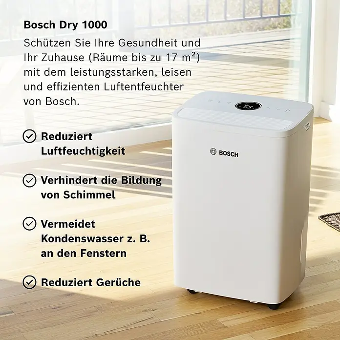 Bosch Luftentfeuchter Dry 1000 - Entfeuchtungsleistung: 10 l/Tag, Weiß - Abbildung des Bosch Dry 1000 Luftentfeuchters, eines weißen, kompakten Geräts, das für eine gesündere Raumluft sorgt.